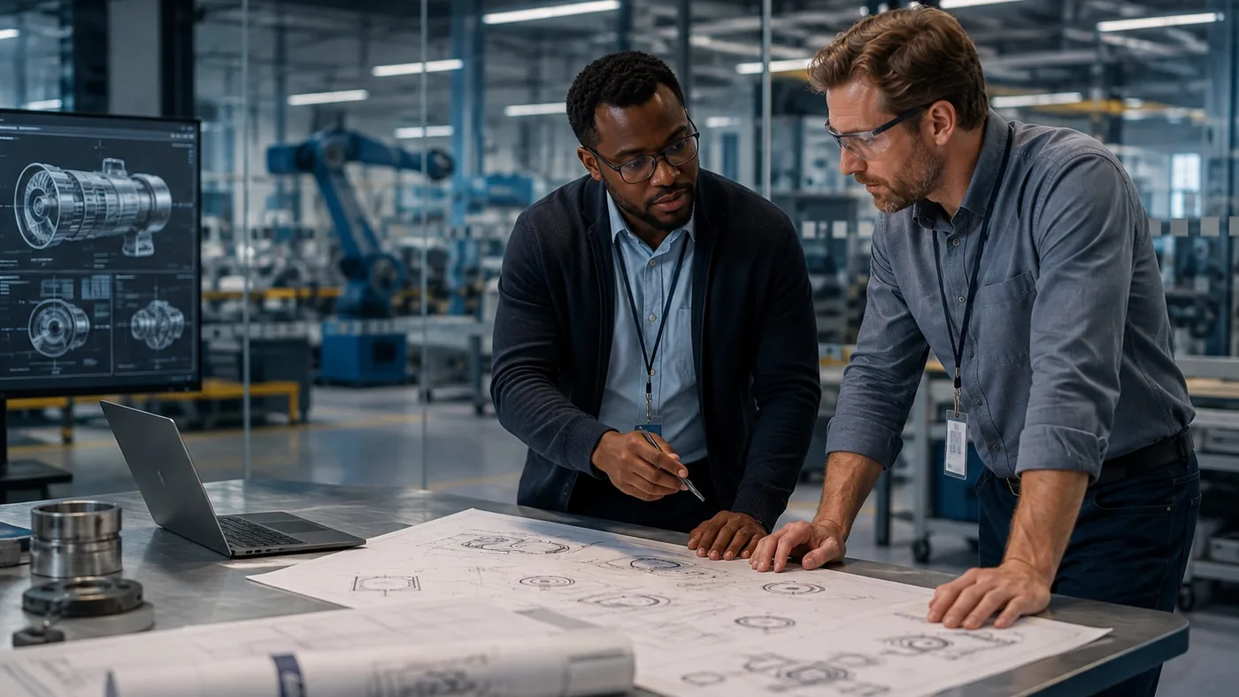 Engineers bespreken technische tekeningen