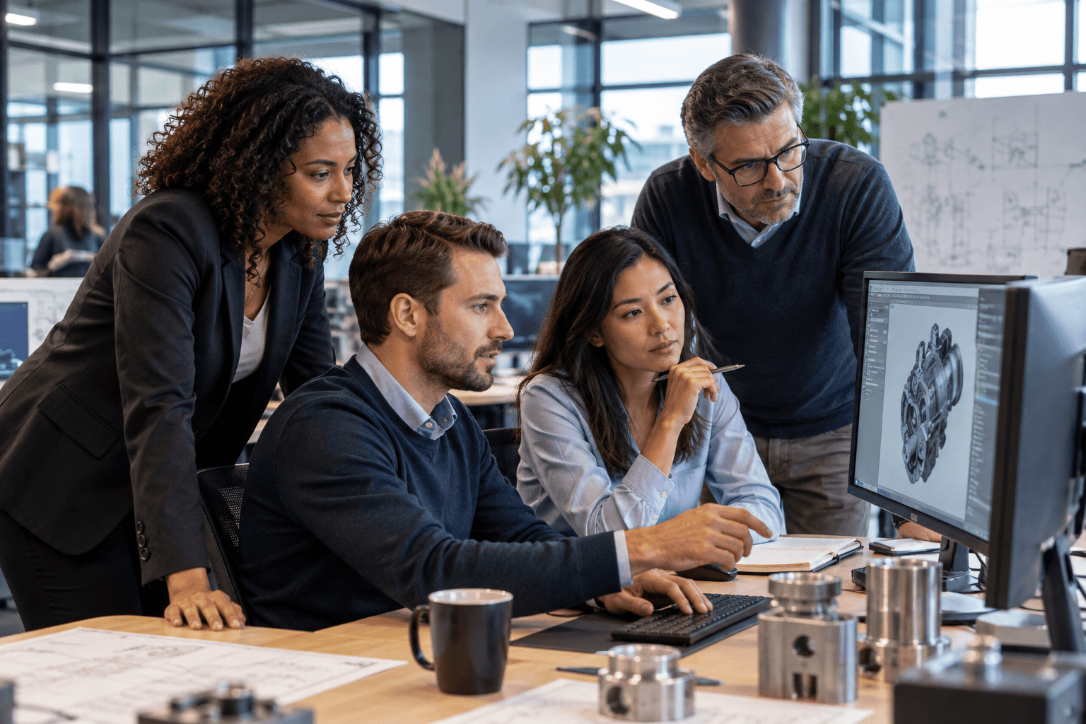Technisch team bespreekt een ontwerp op het scherm