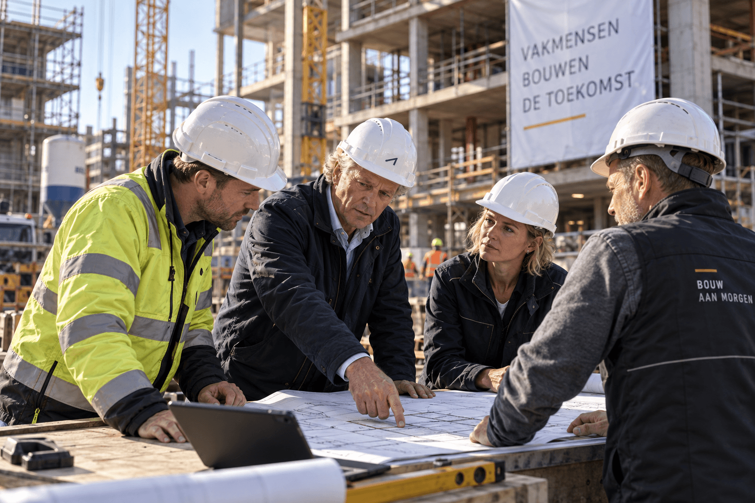 Projectoverleg op de bouwplaats met bouwtekening