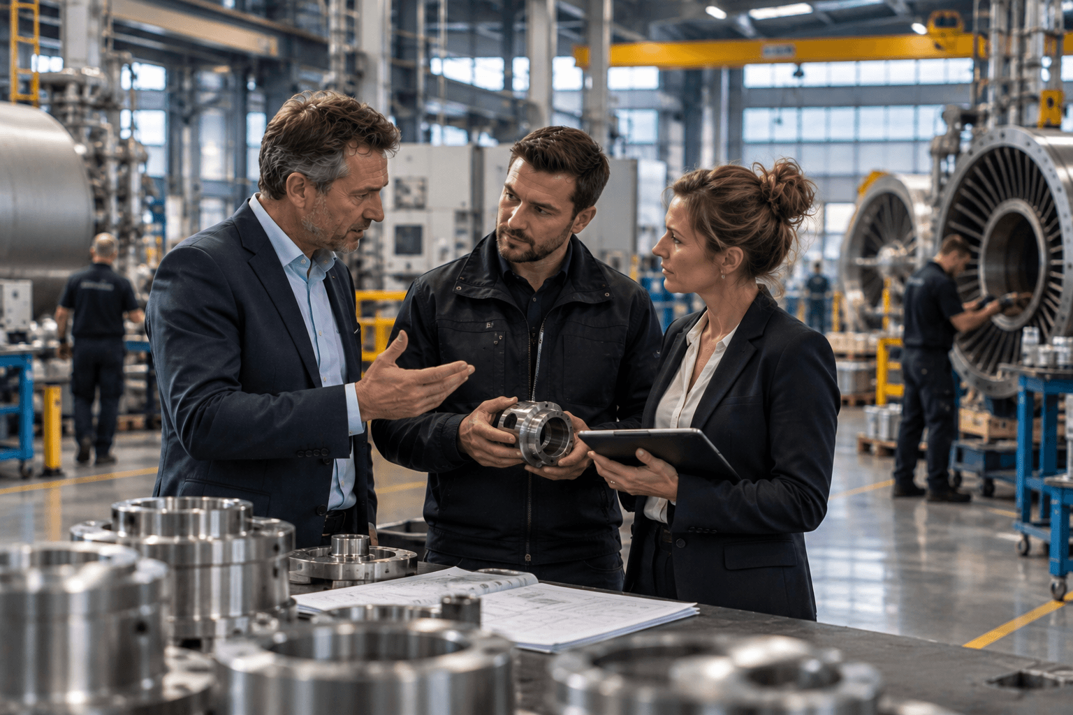Inhoudelijk overleg in een productiehal