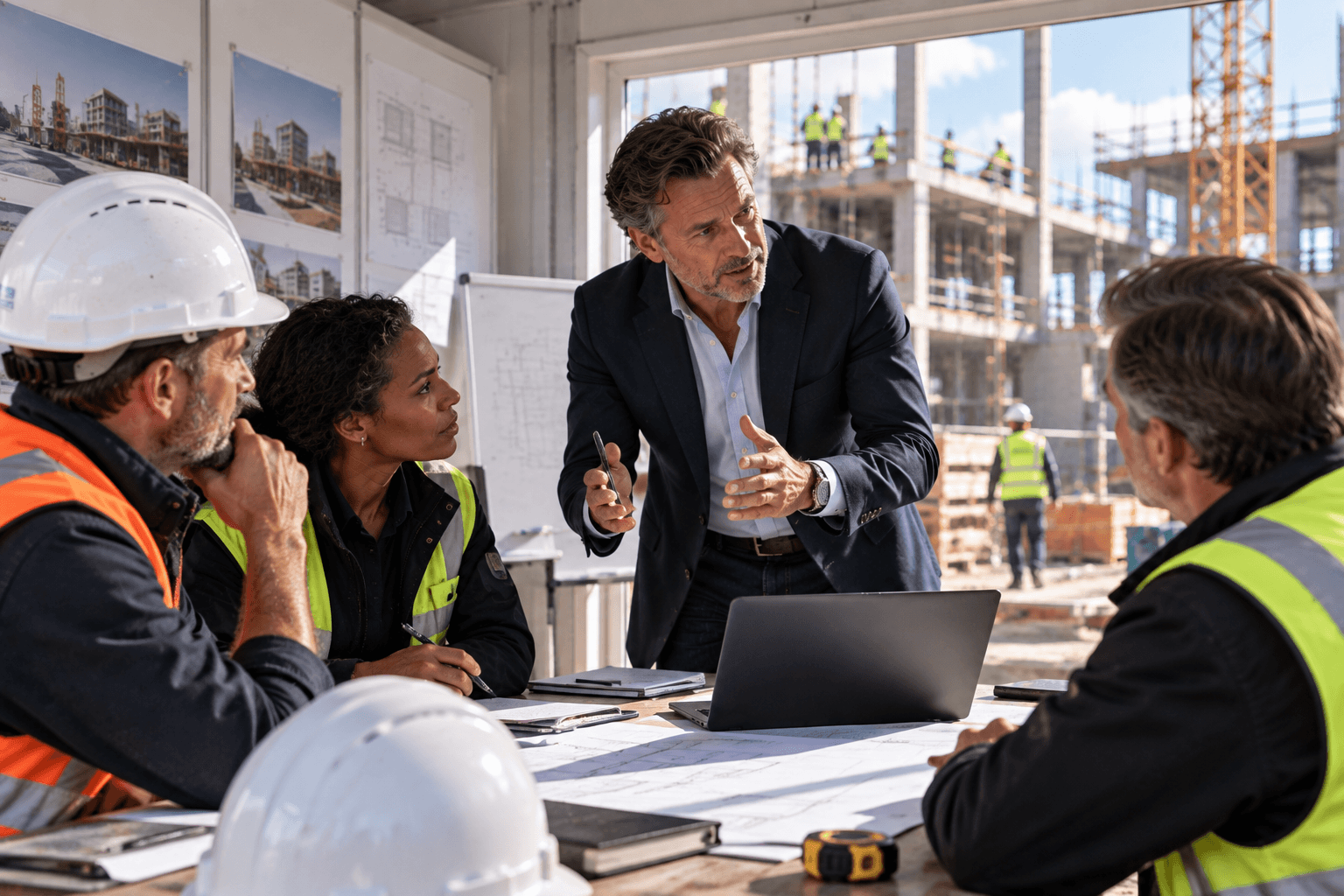 Overleg over een bouwproject in de projectkeet