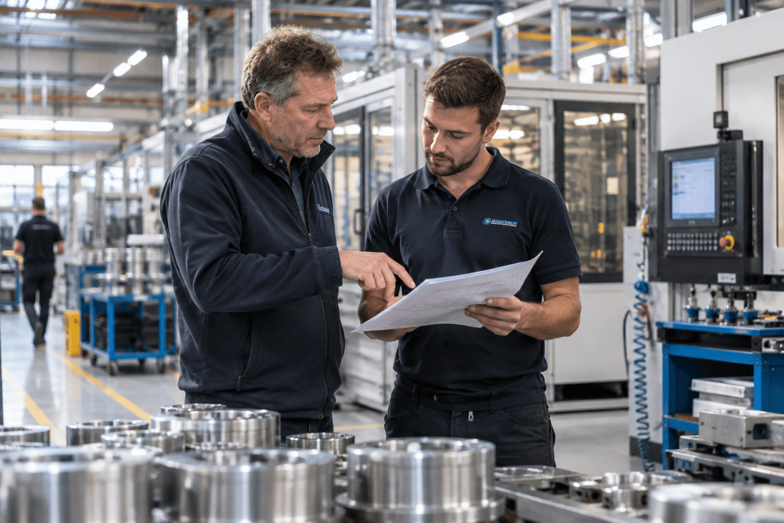 Operations manager en engineer bespreken een werkorder in de fabriek
