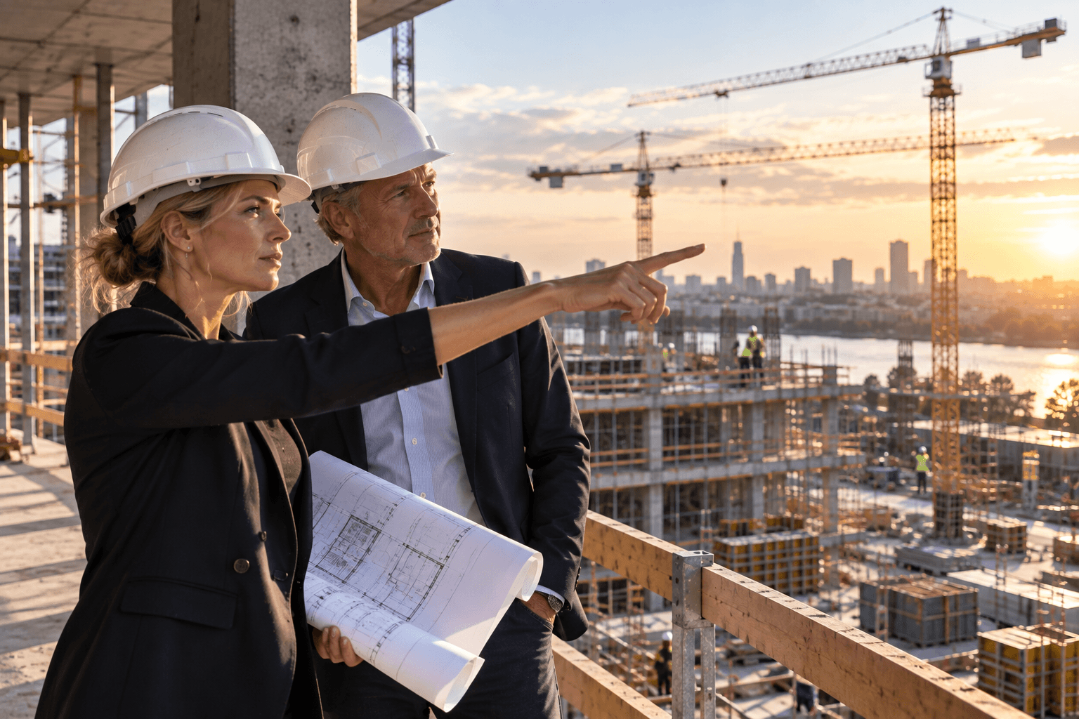 Bouwprofessionals overzien een bouwproject bij zonsondergang