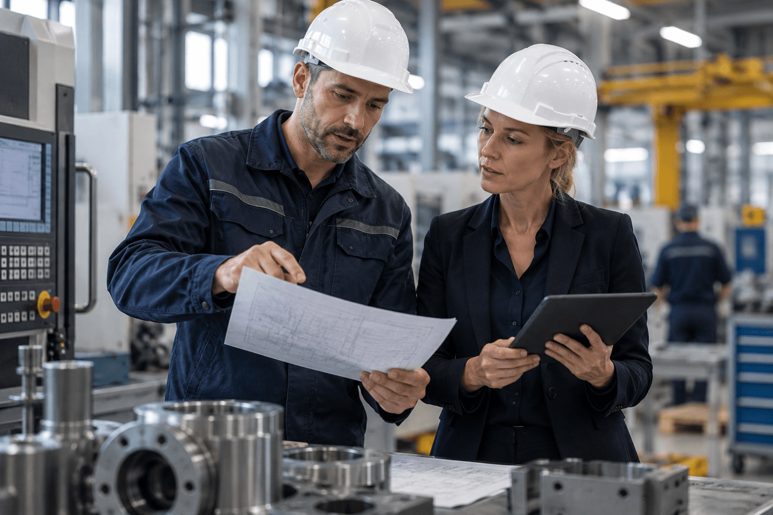 Technisch manager en engineer met tekening en tablet in een productiehal