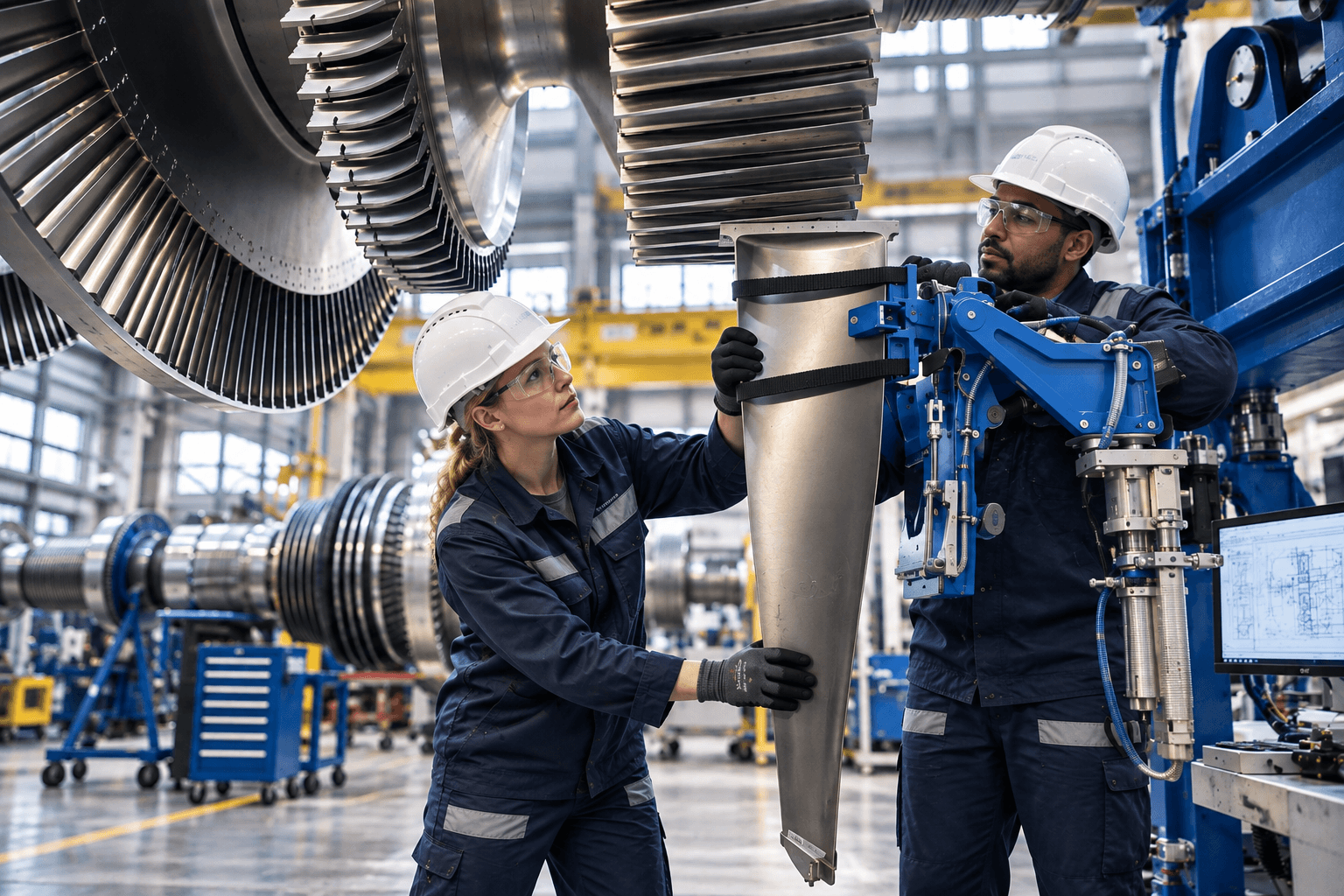 Engineers aan het werk bij een turbine in een machinebouwhal